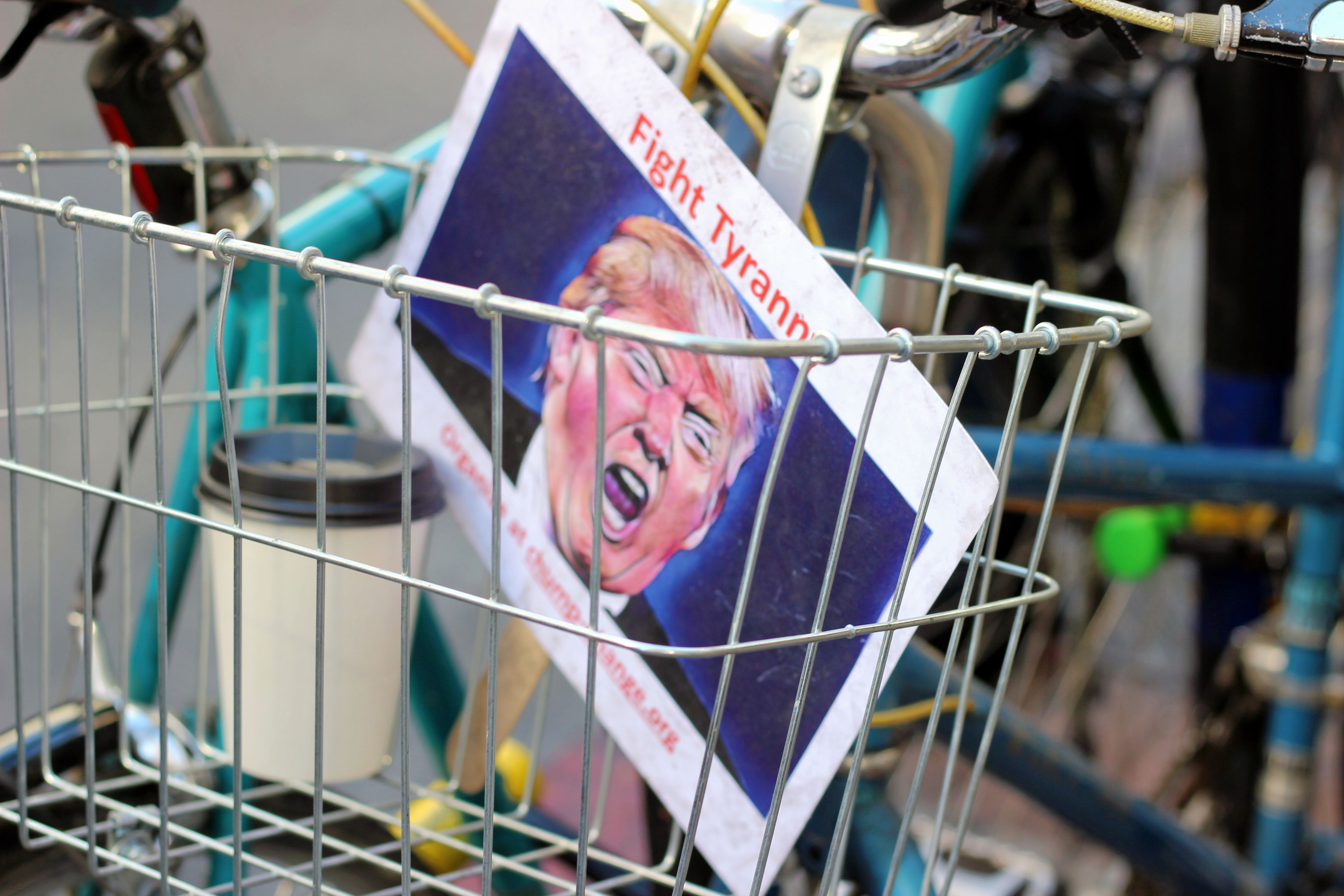 Donald Trump paper inside bicycle basket